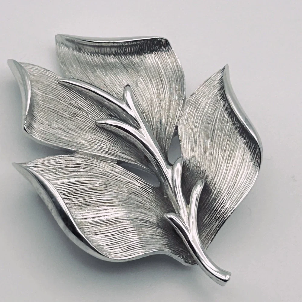 Monet Brushed Silver Tone Leaf Brooch Pin